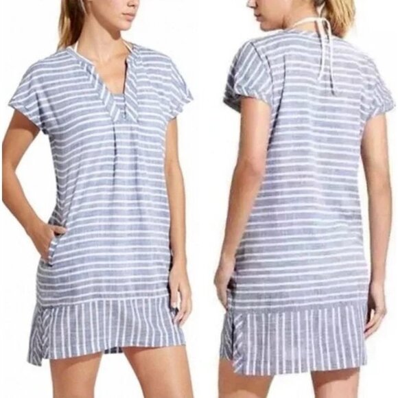 Athleta Barbados Mini Shift Dress Cover-Up Pullover Blue White Stripe Size Small - Picture 1 of 8